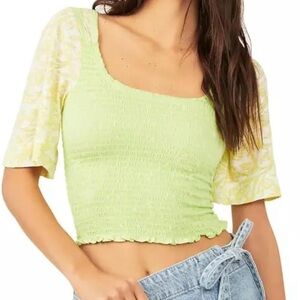 Free People, Marigold Smocked Top, Medium, Key Lime Combo, NWT